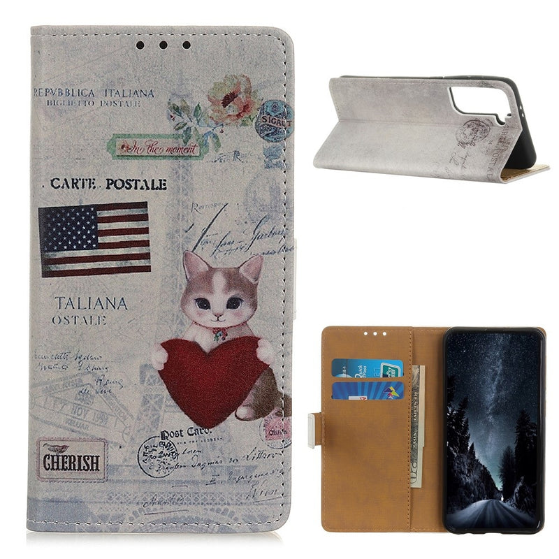 Samsung Galaxy S21 Plus 5G - Læder cover / pung - Med printet Design - Kat/Hjerte