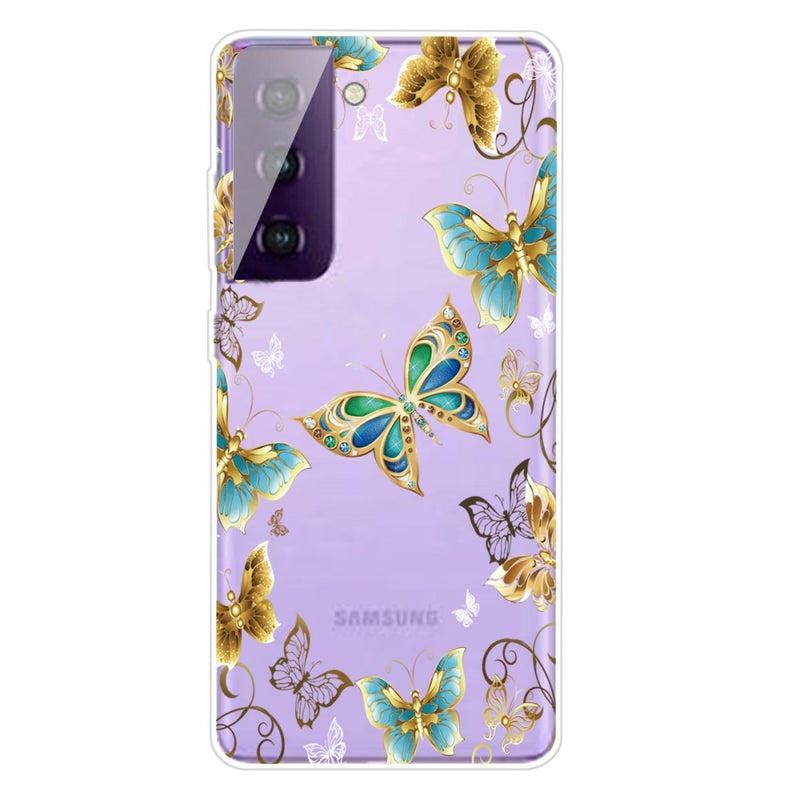 Samsung Galaxy S21 Plus 5G - Gummi cover med printet Design - Guld sommerfugle