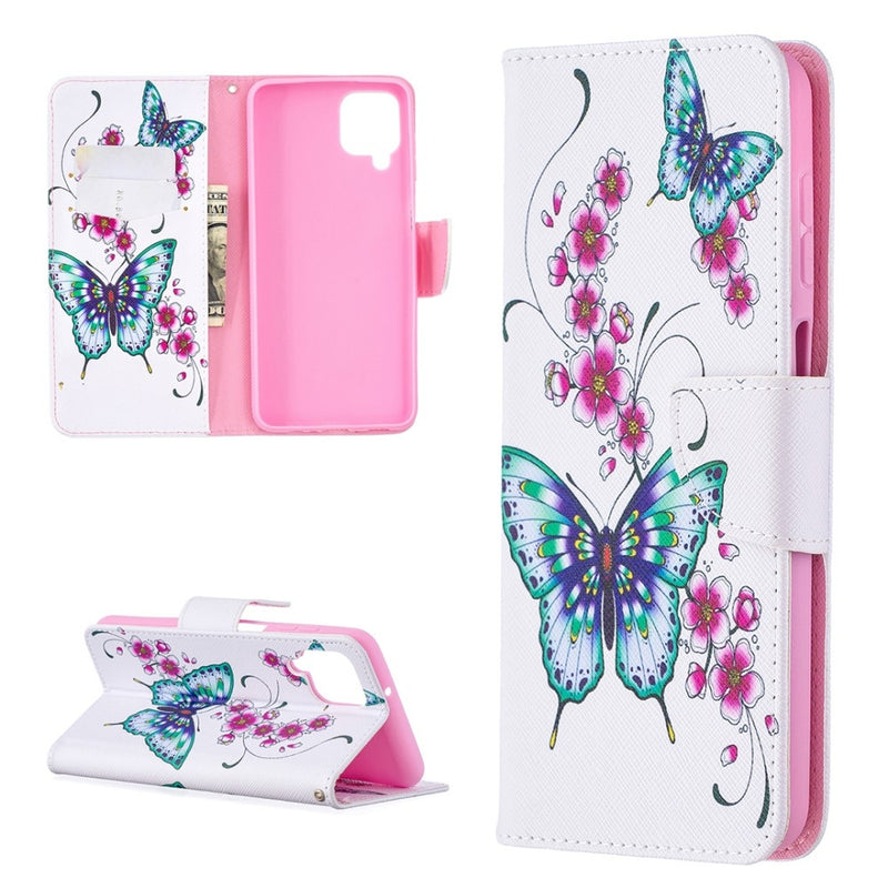 Samsung Galaxy A12 - Læder cover / pung - printet design - Blomster & sommerfugle