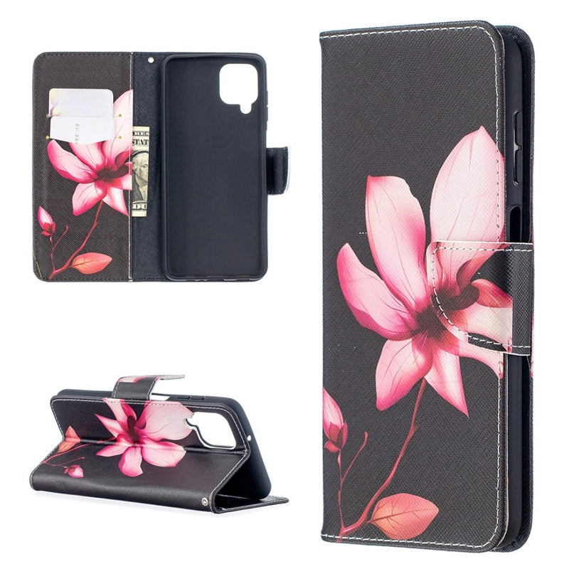 Samsung Galaxy A12 - Læder cover / pung - printet design - Røde blomster