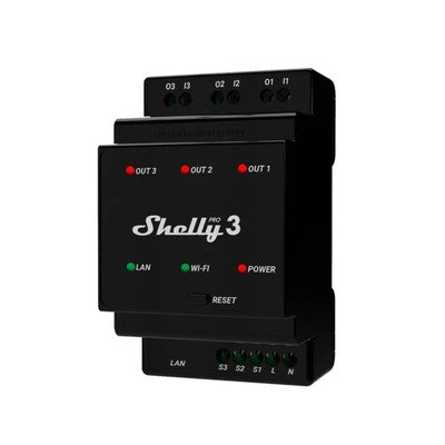 Shelly Pro 3 - WiFI relæ, 3 kanaler/faser med potentialfrit kontaktsæt