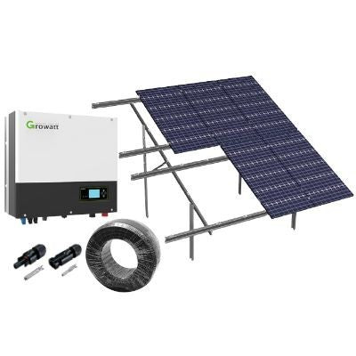 8kW komplet 3-faset hybrid solcelleanlæg - Jordbaseret anlæg, Growatt hybrid inverter, Alu celler - Retning solceller : Stående, Rækker : 2, Solceller kW : 7,6