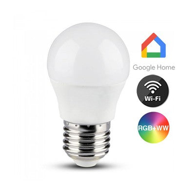 V-Tac 5W Smart Home krone LED pære - Tuya/Smart Life, virker med Google Home, Alexa og smartphones, E27, G45 - Dæmpbar : Via Smart Home, Kulør : RGB + CCT (Varm til Kold Hvid)