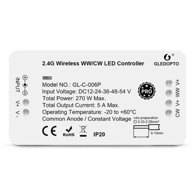 Gledopto Zigbee controller - Philips Hue kompatibel, Zigbee 3.0, enkeltfarvet og CCT, 12V (60W), 24V (120W)