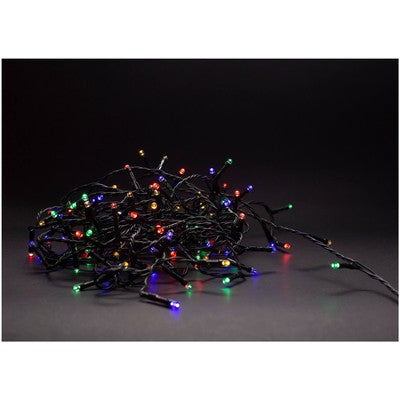 5 m. multicolor LED julelyskæde - 50 LED, IP44 udendørs, IR fjernbetjening, timer, batteri