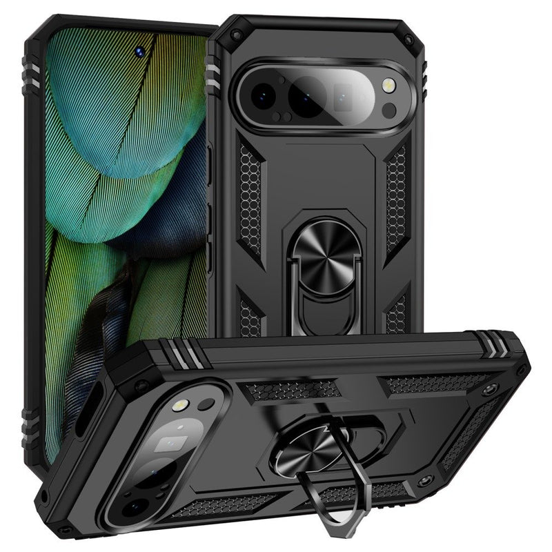 Google Pixel 9 / Pixel 9 Pro - Armor Grade Hybrid cover med kickstand & metalplade - Sort