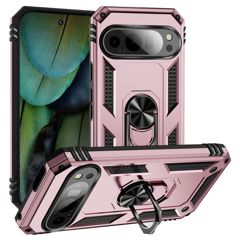 Google Pixel 9 / Pixel 9 Pro - Armor Grade Hybrid cover med kickstand & metalplade - Rosa guld