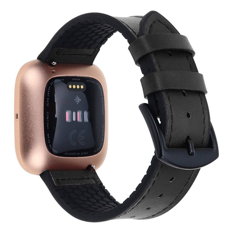 Fitbit Versa/Versa 2/Versa Lite - Læder rem m/ silikone belægning 22mm - Sort