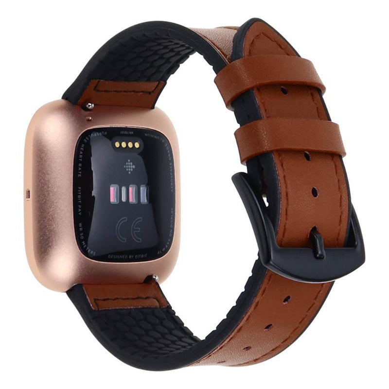 Fitbit Versa/Versa 2/Versa Lite - Læder rem m/ silikone belægning 22mm - Brun