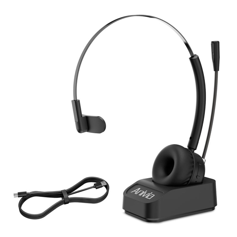 ANIVIA Trådløs Bluetooth Headset til kontor/office - Med oplader & holder - Sort