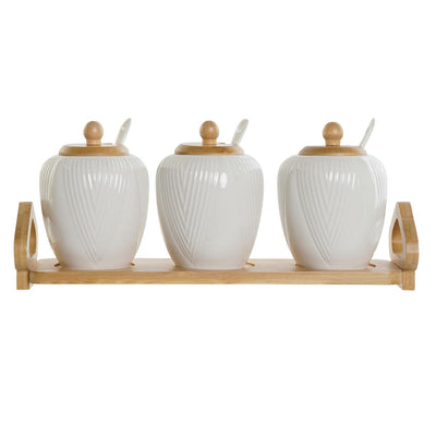 Sukkerskål DKD Home Decor Hvid Natur Bambus Porcelæn 31 x 9 x 7 cm 4 Dele