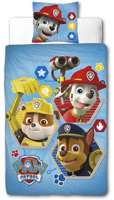 Se Paw Patrol sengetøj - 140x200 cm - Marshall, Rubble og Chase - Sengesæt med 2 i 1 design - 100% bomuld ❤ Kæmpe udvalg i Licens ❤ Hurtig levering: 1 - 2 Hverdage samt billig fragt - Varenummer: THX-2878-1 og barcode / Ean: &