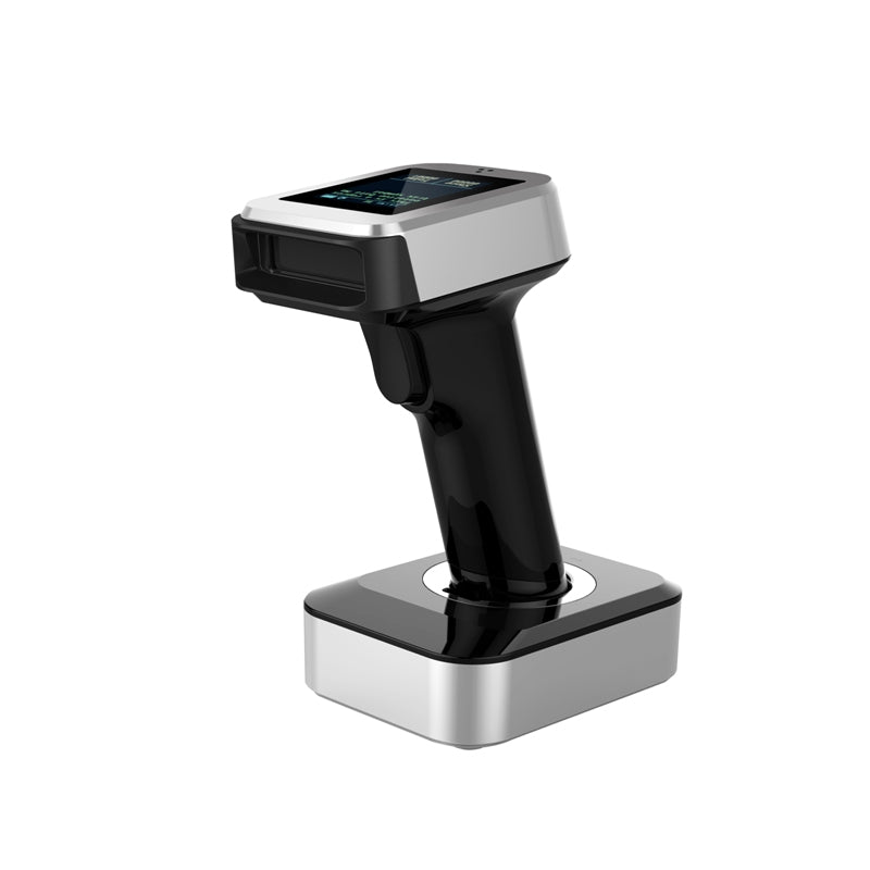 Trådløs 2D Stregkodescanner MJ1932 - Bluetooth / 2.4Ghz / USB - LED Farve Display & opladningsholder - Sølv