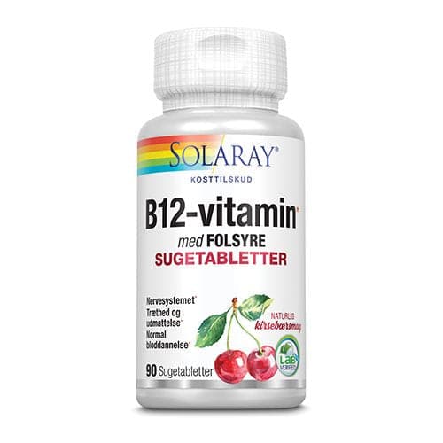 Stort online udvalg i Solaray B12-vitamin m. Folsyre 90 tab. sugetablet ❤ Solaray ❤ Hurtig levering: 1 - 2 Hverdage og gratis fragt v/køb over 295 kr. GLS til pakkeshop ❤ Varenummer: HG-7647 og barcode / Ean: 076280784718 på lager - Kæmpe udvalg i Sundhed - Over 434 design mærker på udsalg