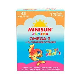 Stort online udvalg i Minisun Omega-3+D-vit Junior tutti frutti 45 kap. ❤ ❤ Hurtig levering: 1 - 2 Hverdage og gratis fragt v/køb over 295 kr. GLS til pakkeshop ❤ Varenummer: HG-52490 og barcode / Ean: 6417927104157 på lager - Kæmpe udvalg i Sundhed - Over 454 design mærker på udsalg